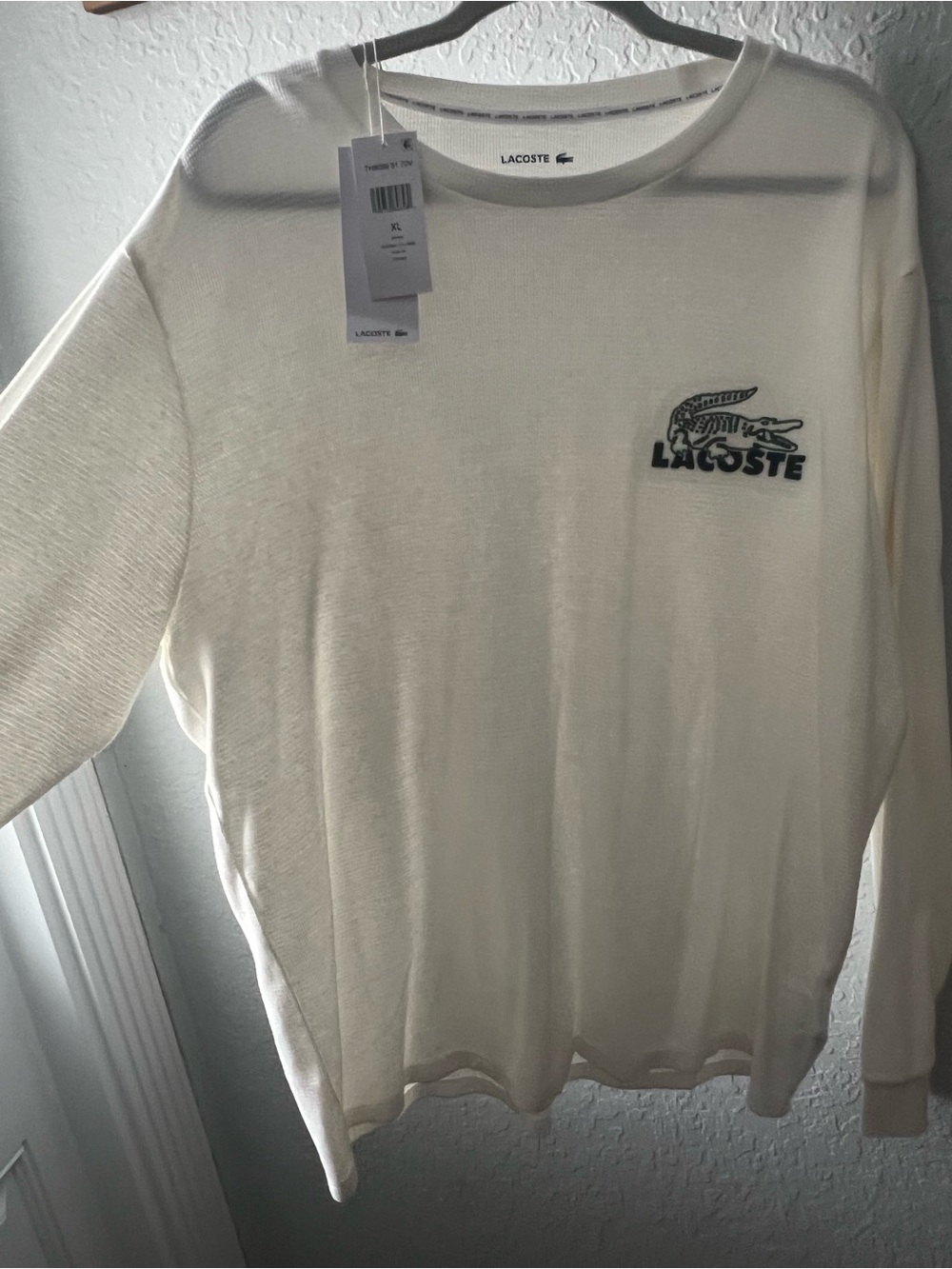 Lacoste Cream Long Sleeve Crewneck Sweater with Embroidered Logo